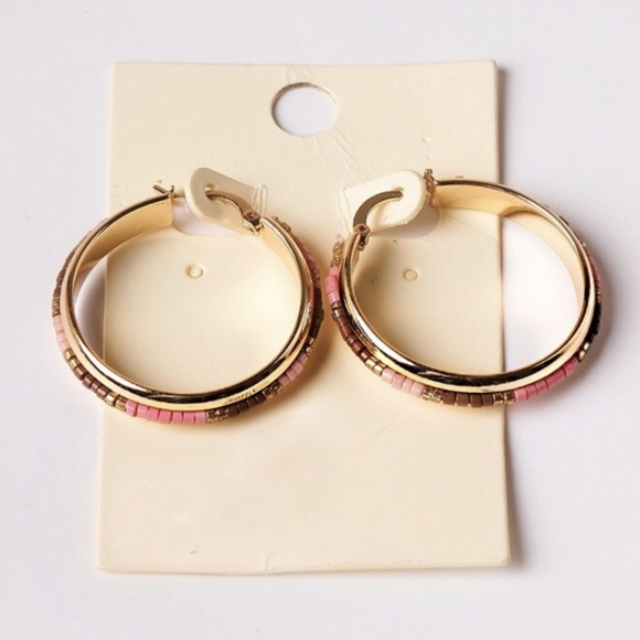 Pretty Gold Toned Boho Chic Pink and Brown Beaded Hoop Earrings - Picture 3 of 5